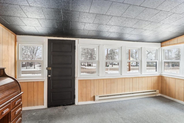 interior space featuring carpet, a healthy amount of sunlight, a baseboard radiator, and wooden walls