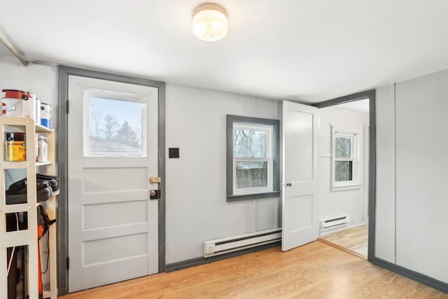 entryway featuring light wood finished floors and a baseboard radiator