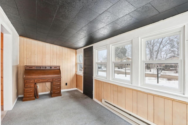 interior space featuring a baseboard heating unit, carpet floors, and wood walls