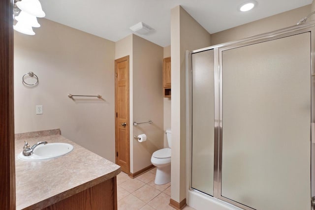 full bathroom featuring visible vents, toilet, tile patterned flooring, vanity, and a shower stall