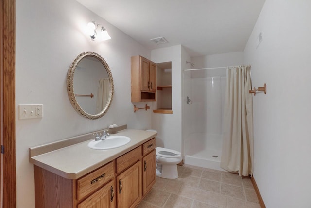 bathroom featuring visible vents, toilet, tile patterned flooring, vanity, and a shower with curtain