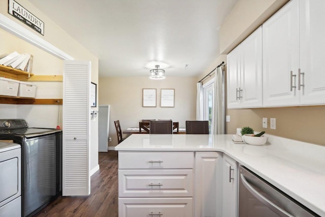 kitchen with dark wood-type flooring, white cabinetry, independent washer and dryer, a peninsula, and dishwasher