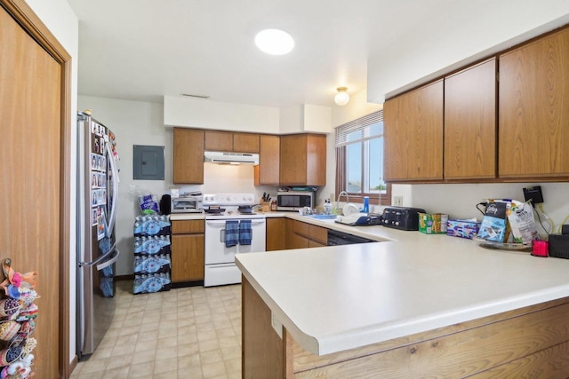 kitchen with stainless steel appliances, light countertops, a peninsula, electric panel, and under cabinet range hood