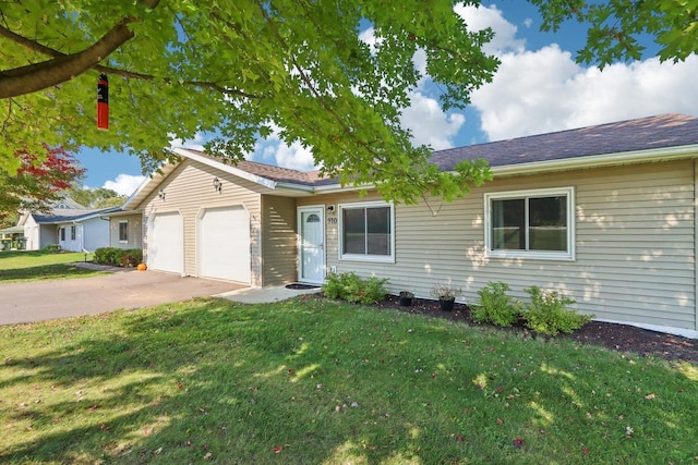 ranch-style house with a garage, driveway, and a front yard