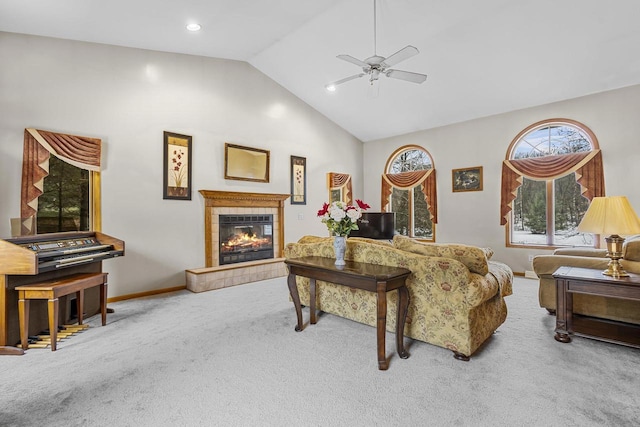 living area with baseboards, ceiling fan, carpet floors, a fireplace, and recessed lighting