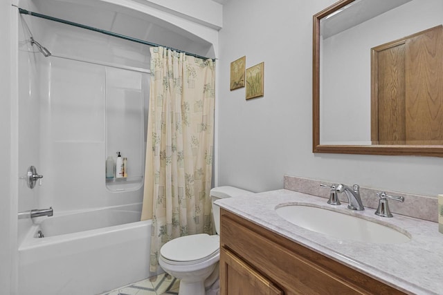 bathroom featuring toilet, shower / bath combination with curtain, and vanity