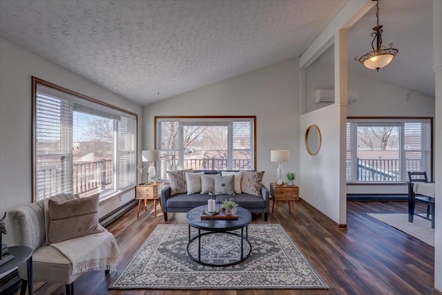 living area with lofted ceiling, a healthy amount of sunlight, dark wood-style flooring, and a wall mounted AC