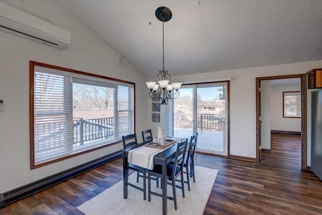 dining room featuring a chandelier, a baseboard radiator, vaulted ceiling, a wall mounted AC, and dark wood-style flooring