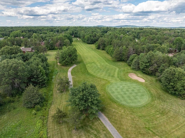 birds eye view of property featuring a wooded view