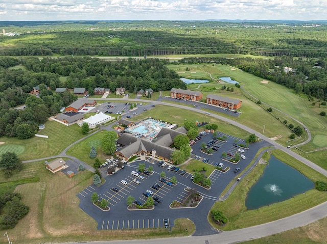 drone / aerial view with a water view and a view of trees