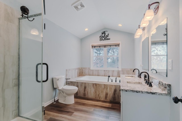 full bath with vaulted ceiling, a shower stall, visible vents, and a healthy amount of sunlight