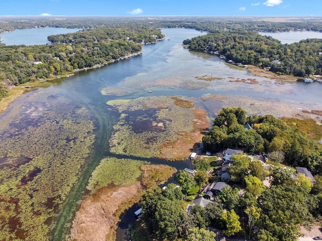 birds eye view of property featuring a water view and a view of trees