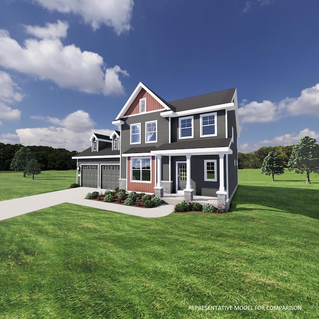 craftsman-style home featuring covered porch, a garage, concrete driveway, a front lawn, and board and batten siding