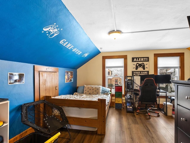 bedroom featuring vaulted ceiling, multiple windows, and wood finished floors