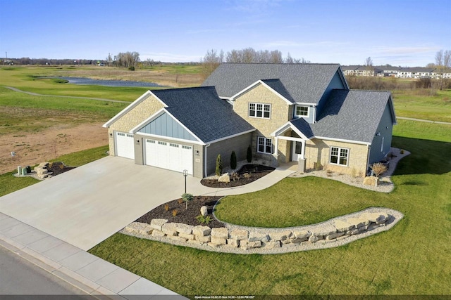 view of front facade featuring a shingled roof, concrete driveway, board and batten siding, a garage, and a front lawn