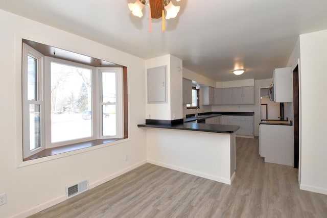 kitchen featuring dark countertops, a healthy amount of sunlight, visible vents, and a peninsula