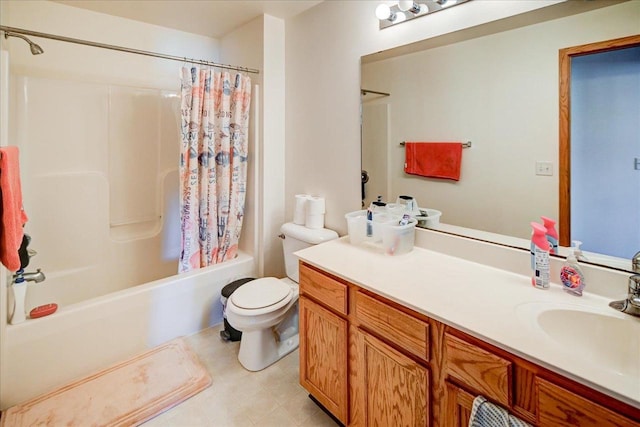 bathroom featuring toilet, shower / bath combo, and vanity