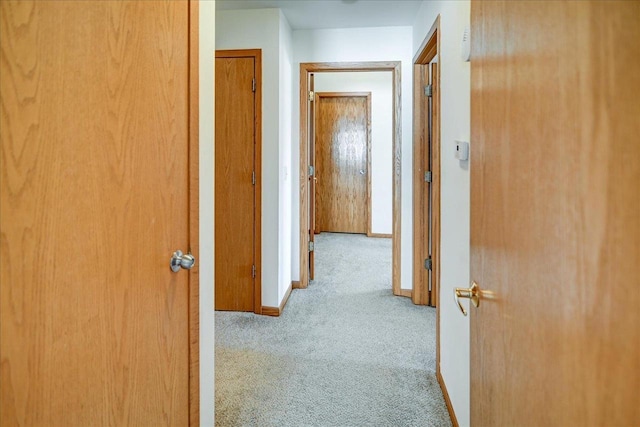 corridor with baseboards and carpet