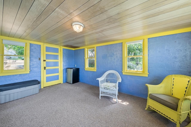 unfurnished room featuring wooden ceiling and a textured wall