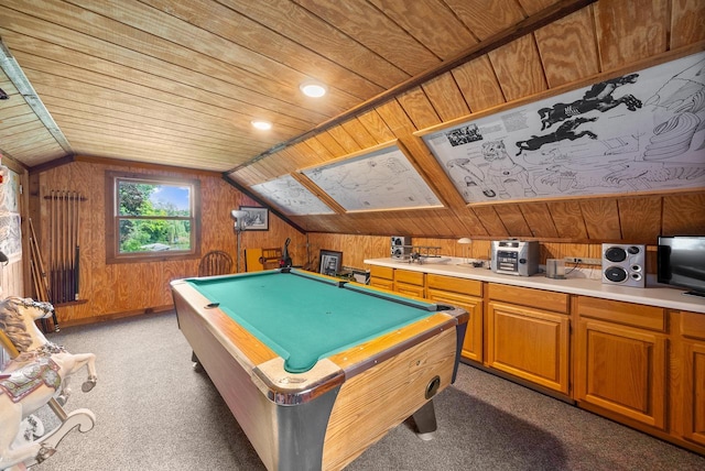 recreation room featuring lofted ceiling, light colored carpet, wooden walls, wooden ceiling, and billiards