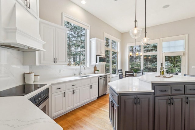 kitchen with stainless steel appliances, premium range hood, a sink, white cabinets, and tasteful backsplash