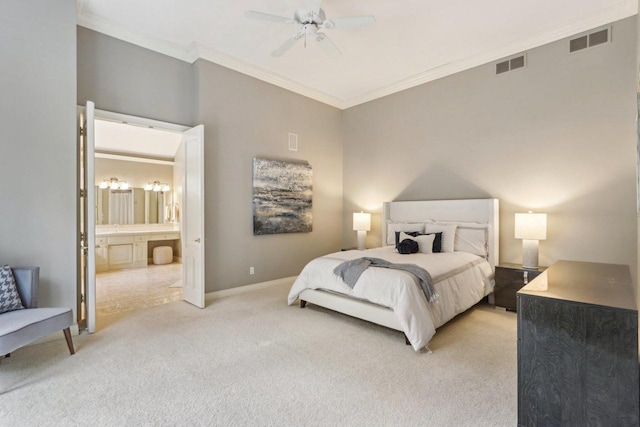 bedroom featuring ornamental molding, visible vents, light carpet, and baseboards