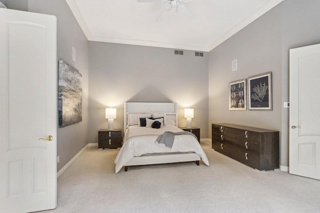 bedroom featuring ornamental molding, carpet flooring, and visible vents