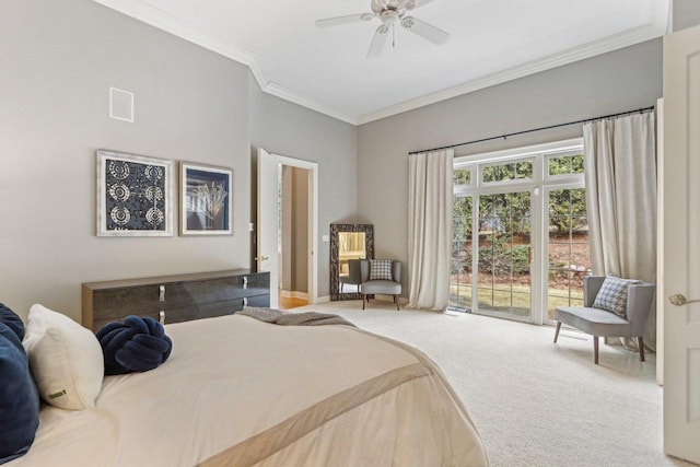 carpeted bedroom with ceiling fan, access to outside, ornamental molding, and baseboards