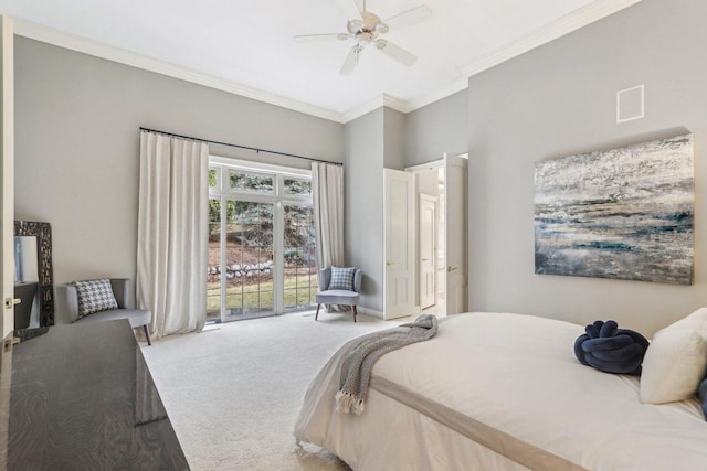 bedroom featuring ceiling fan, carpet floors, visible vents, access to outside, and crown molding