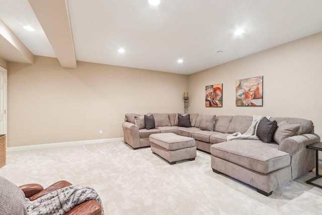 living area with recessed lighting, baseboards, and light colored carpet