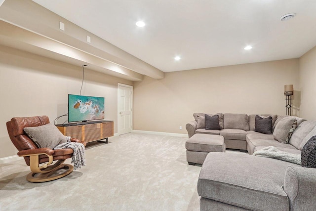 living room featuring recessed lighting, light carpet, and baseboards