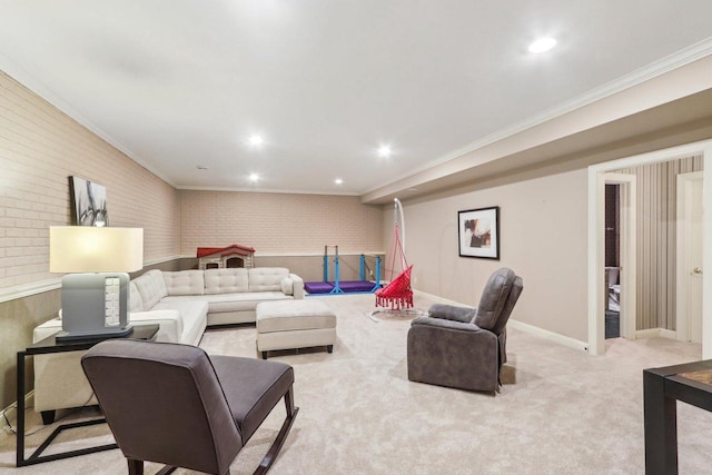 living room featuring recessed lighting, light carpet, crown molding, and baseboards