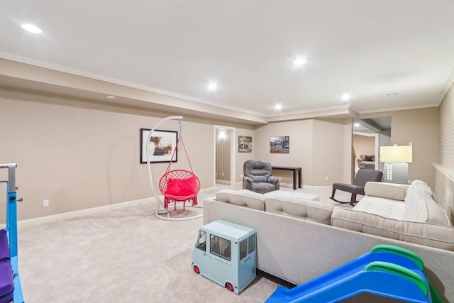 playroom featuring baseboards, ornamental molding, carpet, and recessed lighting