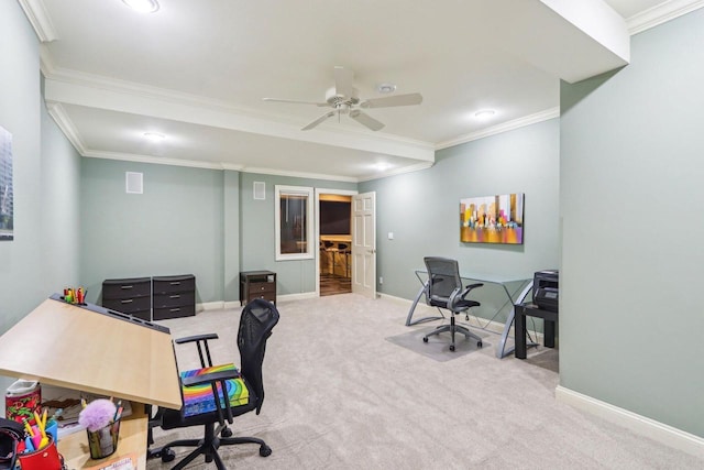 office area featuring carpet, baseboards, and ornamental molding