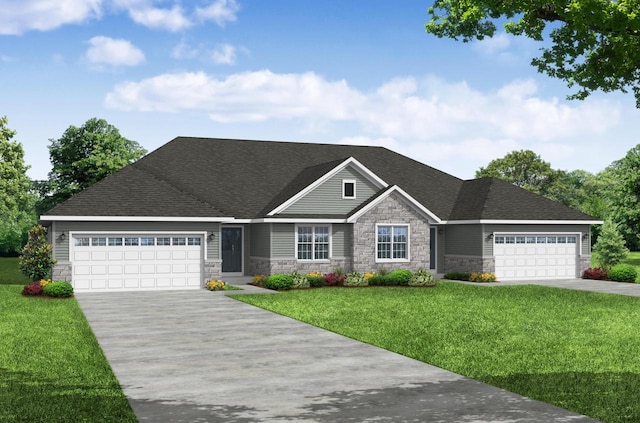 view of front of home with an attached garage, driveway, a shingled roof, and a front yard