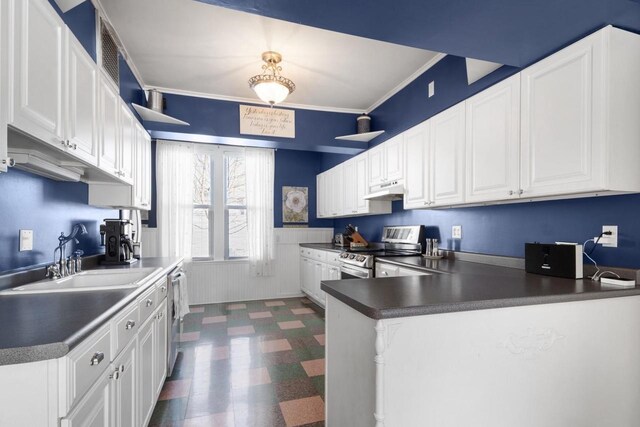205 State St, Ripon, WI 54971 - kitchen with dark floors, stainless steel electric stove, wainscoting, a sink, and under cabinet range hood