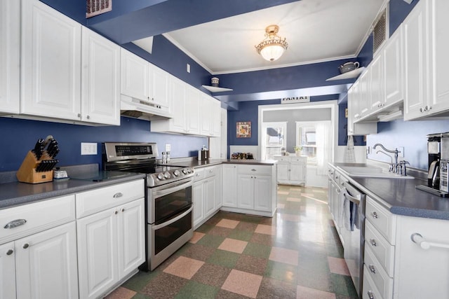 205 State St, Ripon, WI 54971 - kitchen with visible vents, dark countertops, appliances with stainless steel finishes, under cabinet range hood, and a sink