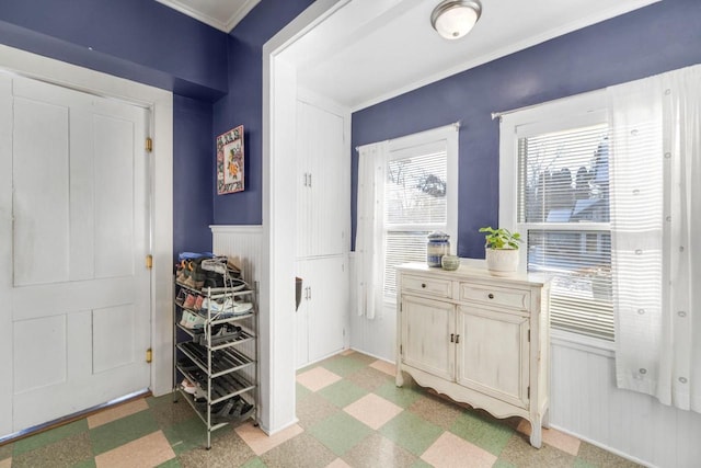 205 State St, Ripon, WI 54971 - interior space featuring ornamental molding, a wainscoted wall, and light floors