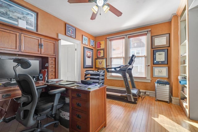 205 State St, Ripon, WI 54971 - home office with light wood finished floors, baseboards, ornamental molding, and a ceiling fan