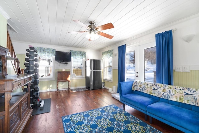 205 State St, Ripon, WI 54971 - living room with wood ceiling, a ceiling fan, french doors, wood-type flooring, and crown molding