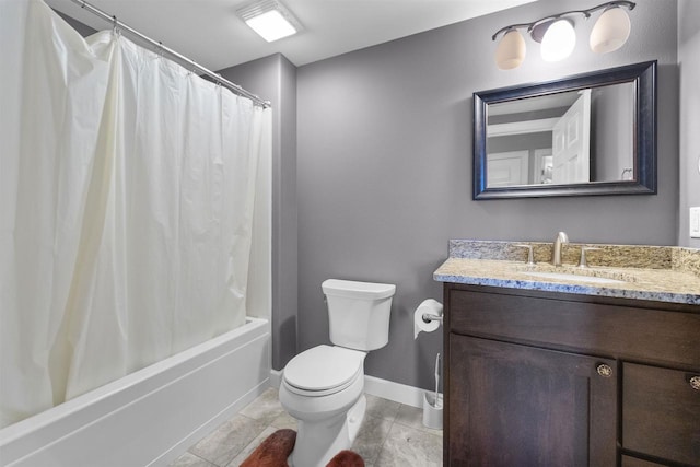 bathroom with baseboards, toilet, shower / bathtub combination with curtain, tile patterned flooring, and vanity