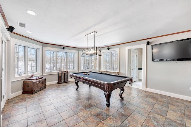 rec room featuring recessed lighting, pool table, visible vents, baseboards, and ornamental molding