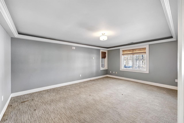 carpeted spare room featuring baseboards, a raised ceiling, and crown molding