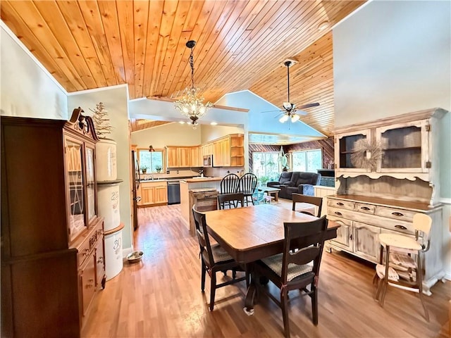 dining area featuring light wood-style floors, wooden ceiling, vaulted ceiling, and ceiling fan with notable chandelier