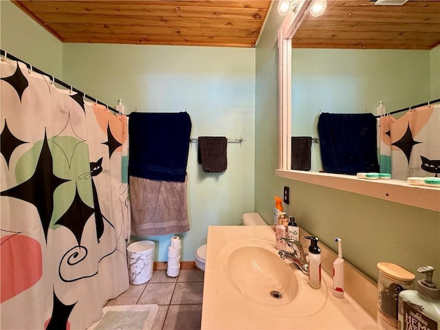 bathroom with tile patterned flooring, toilet, vanity, wood ceiling, and a shower with curtain