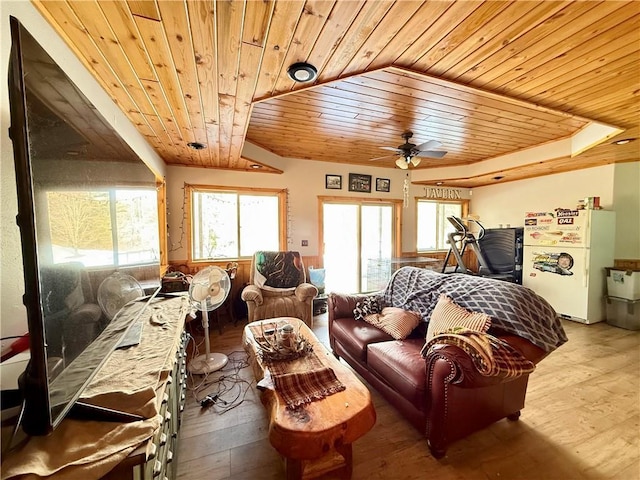 living area with wooden ceiling, ceiling fan, and wood finished floors