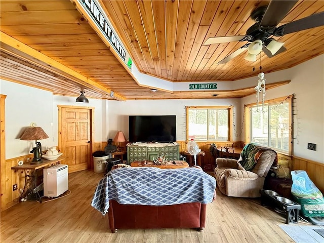 interior space featuring wooden ceiling, a wainscoted wall, ceiling fan, and hardwood / wood-style flooring