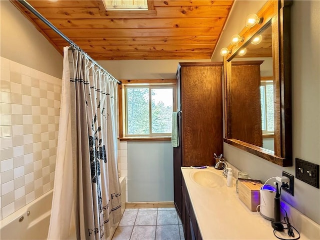 bathroom with wood ceiling, tile patterned flooring, vaulted ceiling, shower / bath combo with shower curtain, and vanity