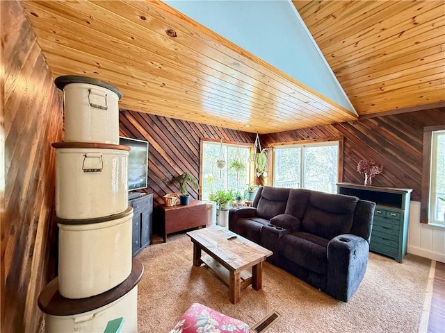 living area featuring lofted ceiling, wood walls, wooden ceiling, and visible vents