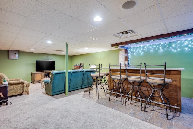 bar with carpet, visible vents, a dry bar, and recessed lighting